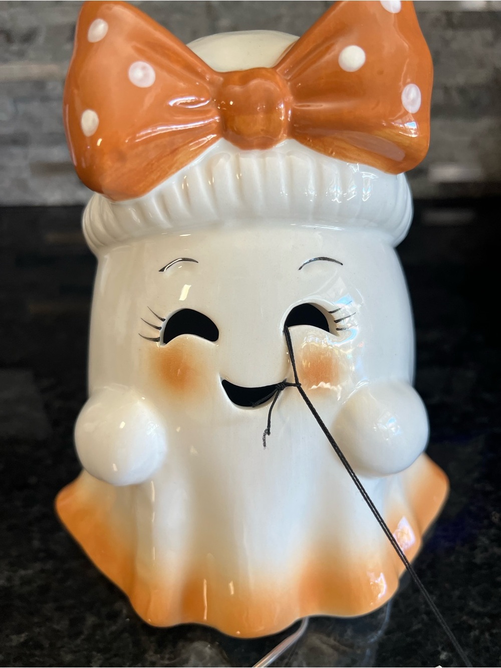 SO CUTE!!! Ceramic SMORES GIRL GHOST With Polka Dot Bow, LED LIGHT UP